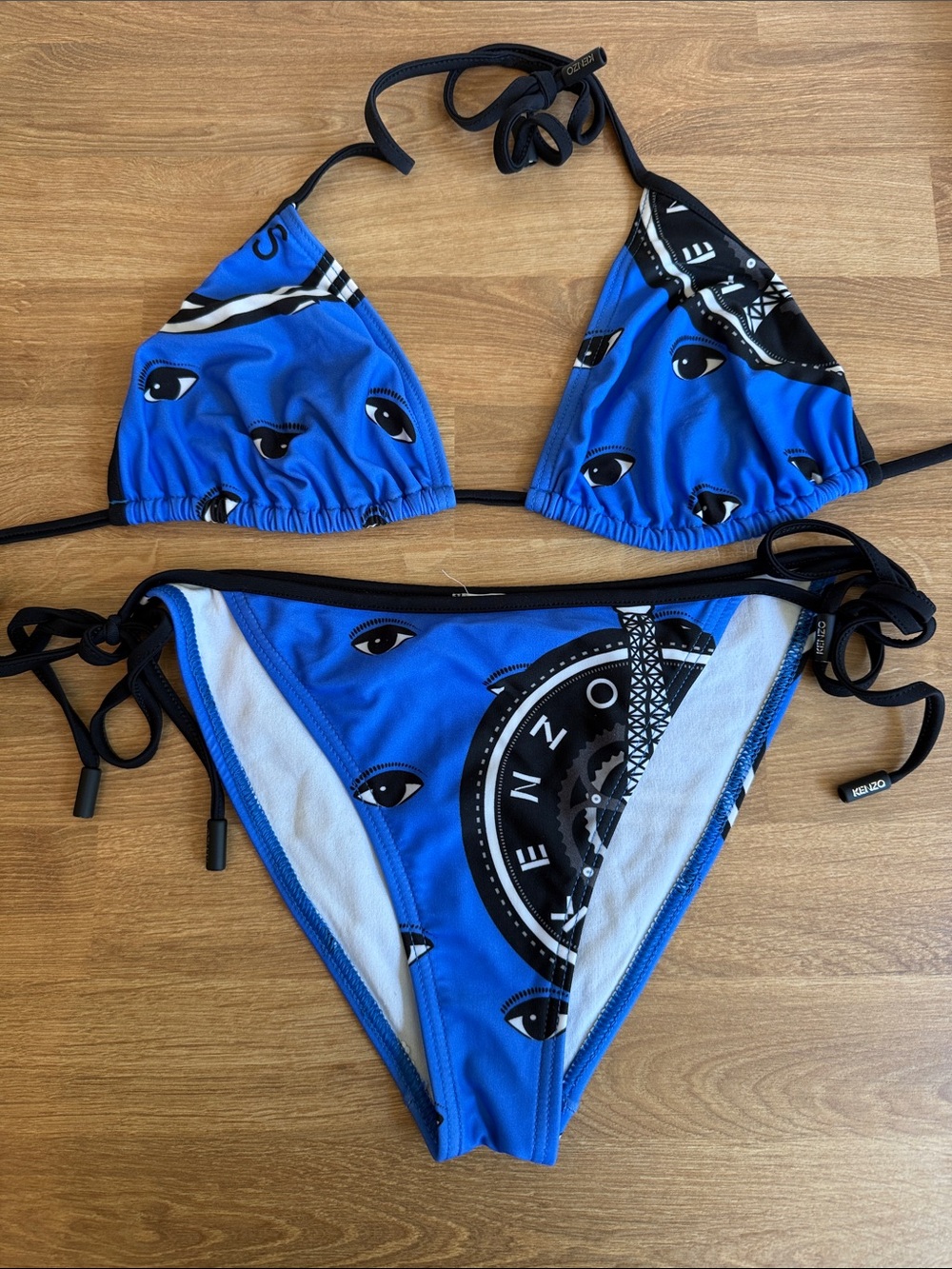 Kenzo Blue and Black Eye-Print Triangle Bikini